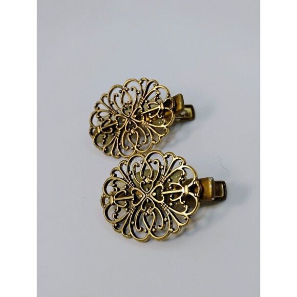 Vintage Filigree Hair Clips Heart Clover Center Alligator Clip - Picture 1 of 11